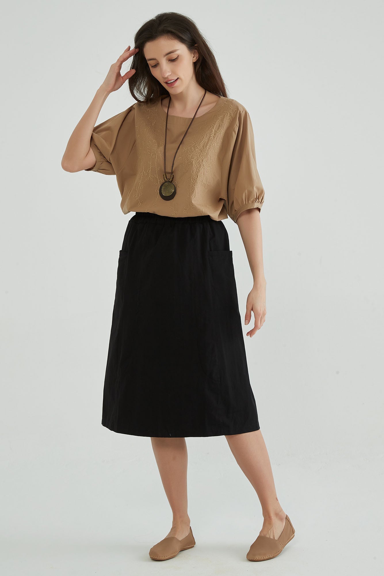 Basalt Black Cotton Midi Skirt with Pocket - Whisper Mint